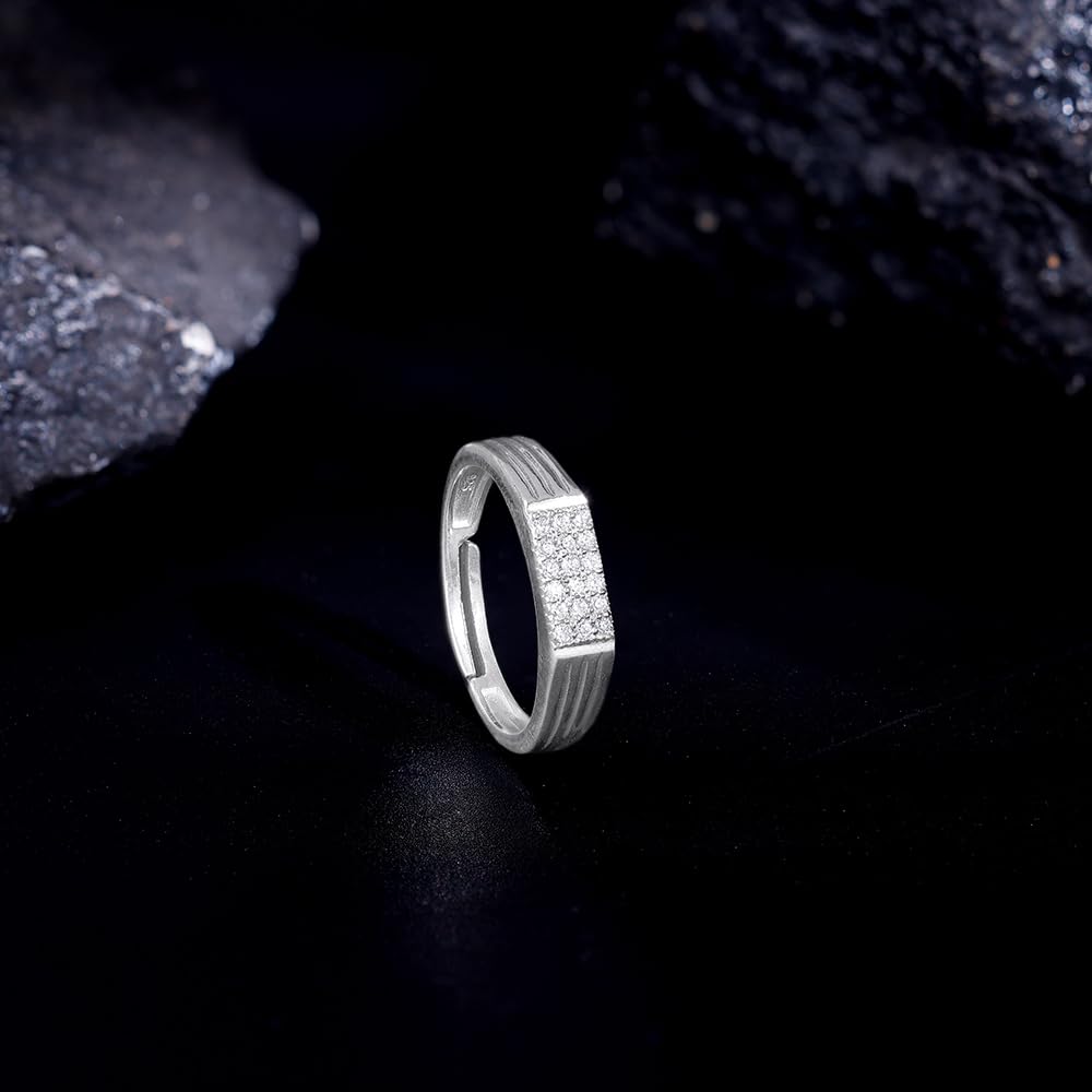 GIVA 925 Silver Zircon Rectangle Ring For Him, Adjustable | Gifts for Men and Boys | With Certificate of Authenticity and 925 Stamp | 6 Months Warranty