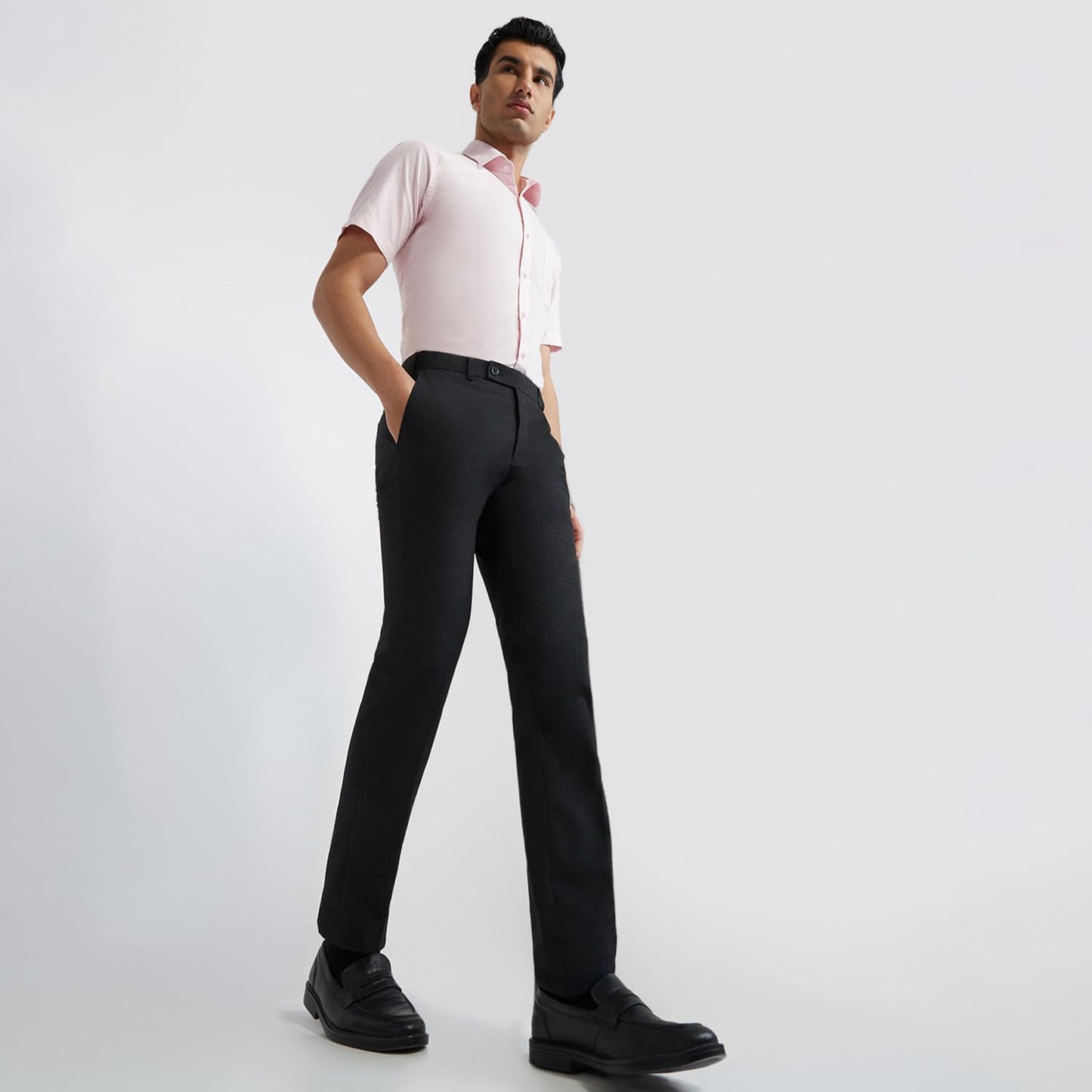 Raymond Men Slim Fit Solid Pattern Poly Viscose Blend Flat Front Formal Trouser (Size: 34)-RMTS05793-G8 Dark Grey