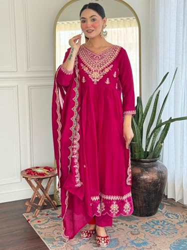 VARNI FABRICS: A lady's First Love Women's Vichitra Silk Pink Embroidered Flared Kurta With Pant And Dupatta,Ethnic Set (IN, Alpha, M, Regular)