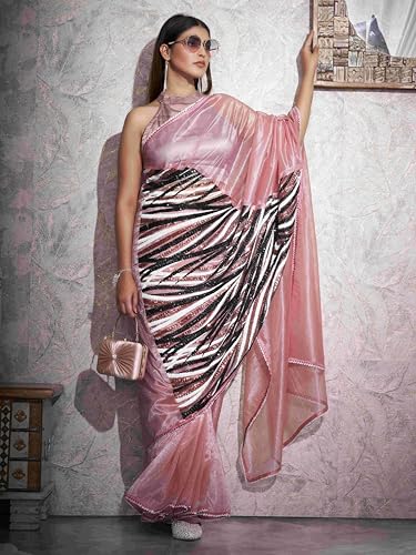 Womanista Women's Net Sequinned Saree (TI6493_Pink)