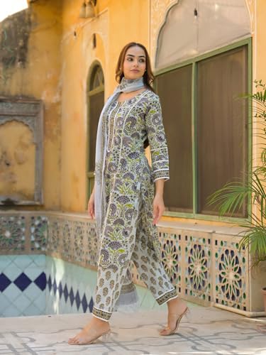 Divena Sea Green Cotton Block Print Kurta Pant with Dupatta