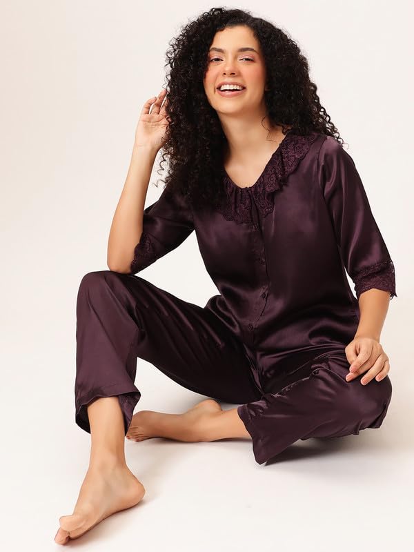 Clovia Women's Satin Button Down Top & Pyjama Set (LS5744G15_Purple_L)