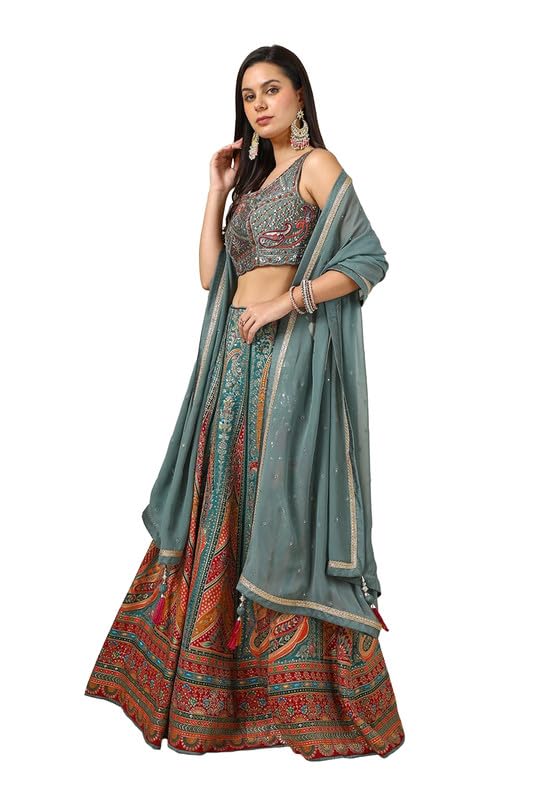 Soch Womens Grey Brocade Ghagra Choli With Cutdana