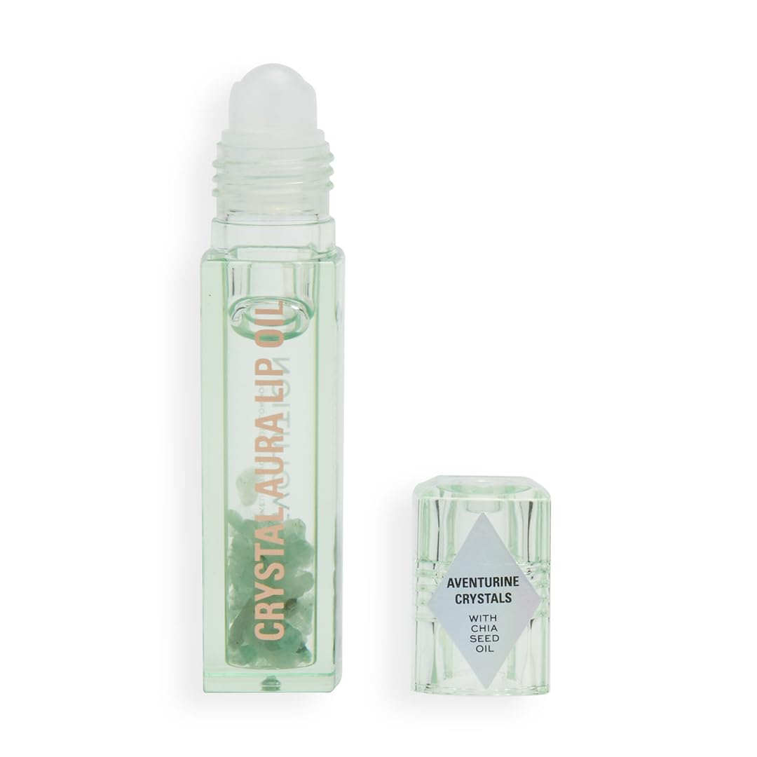 Makeup Revolution Crystal Aura Lip Oil Aventurine | Hydrating and conditioning formula |infused with hyaluronic acid and vitamin E oil |Clear high shine formula including pink crystals|2.5ml