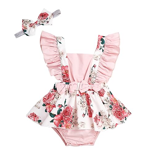 Hopscotch Girls Polyester Sleeveless Ruffled Floral Print Bodysuit in Peach Color For Ages (9-12 Months)