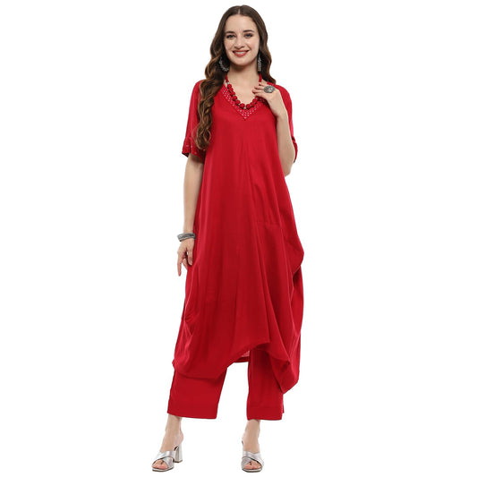 BIBA Women's Burgundy Rayon Asymmetric Suit Set (SKDNORNI9869AW24BUR_Maroon