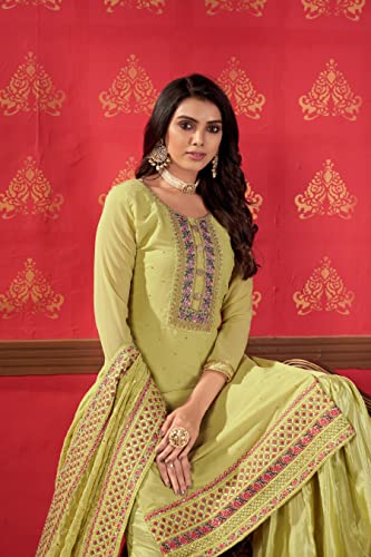 VARNI FABRICS: A lady's First Love Georgette Designer Sharara Suit Set, Light Green with Embroidered Yoke, santoon Palazzo and Dupatta with Sequin Border(Zeeya-Erina-1402)