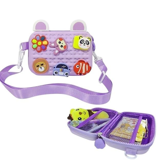 JI ACCESSORIES Cartoon Soft Silicone Bag Crossbody Shoulder Bag Purse Waterproof Anti Fall Stationery Storage Bag Handbag Sweet Birthday Gift For Children Students Girls, Multicolor (PURPLE)