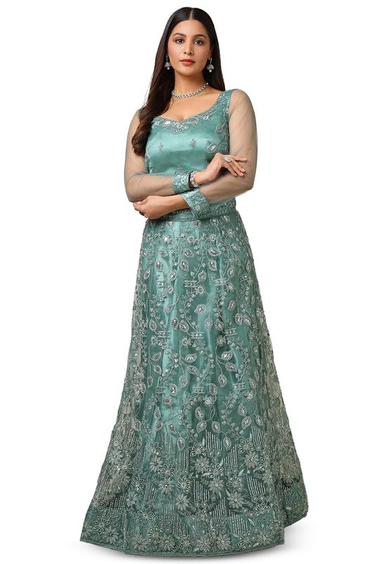 Soch Womens Sap Green Net Embellished Unstitch Ghagra Choli With Stones And Sequins