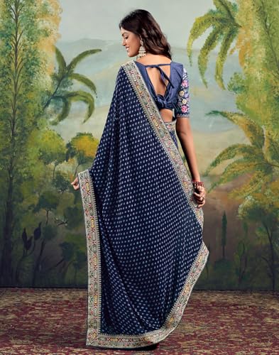 SIRIL Women's Georgette Bandhani Sequence Embroidery Saree With Unstitched Blouse Piece (4115S906_Blue)