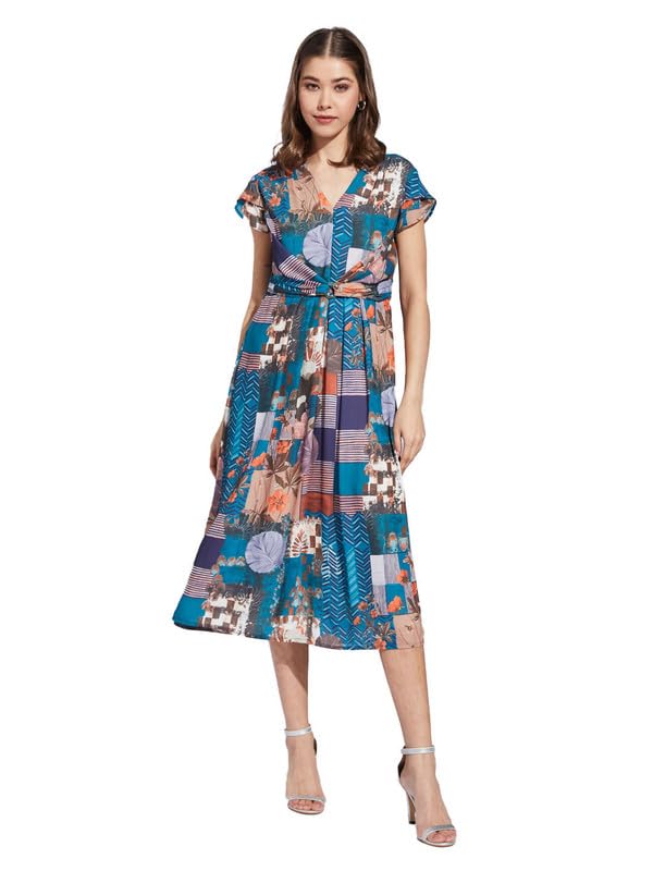 Latin Quarters Women Teal V-Neck Half Sleeve Printed A-Line Dress_L
