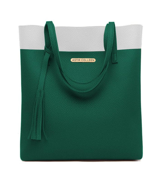 ASTIR COLLEEN Vegan Leather Women's Classic Tote Bag With Zipper (Green-White)