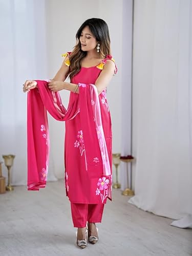 AVYUKTHA | Women Floral Embroidered Kurta with Pyjamas & Dupatta | Thread Work Ethnic Kurta Set for Women | Festive & Daily | Pink | Size- XL