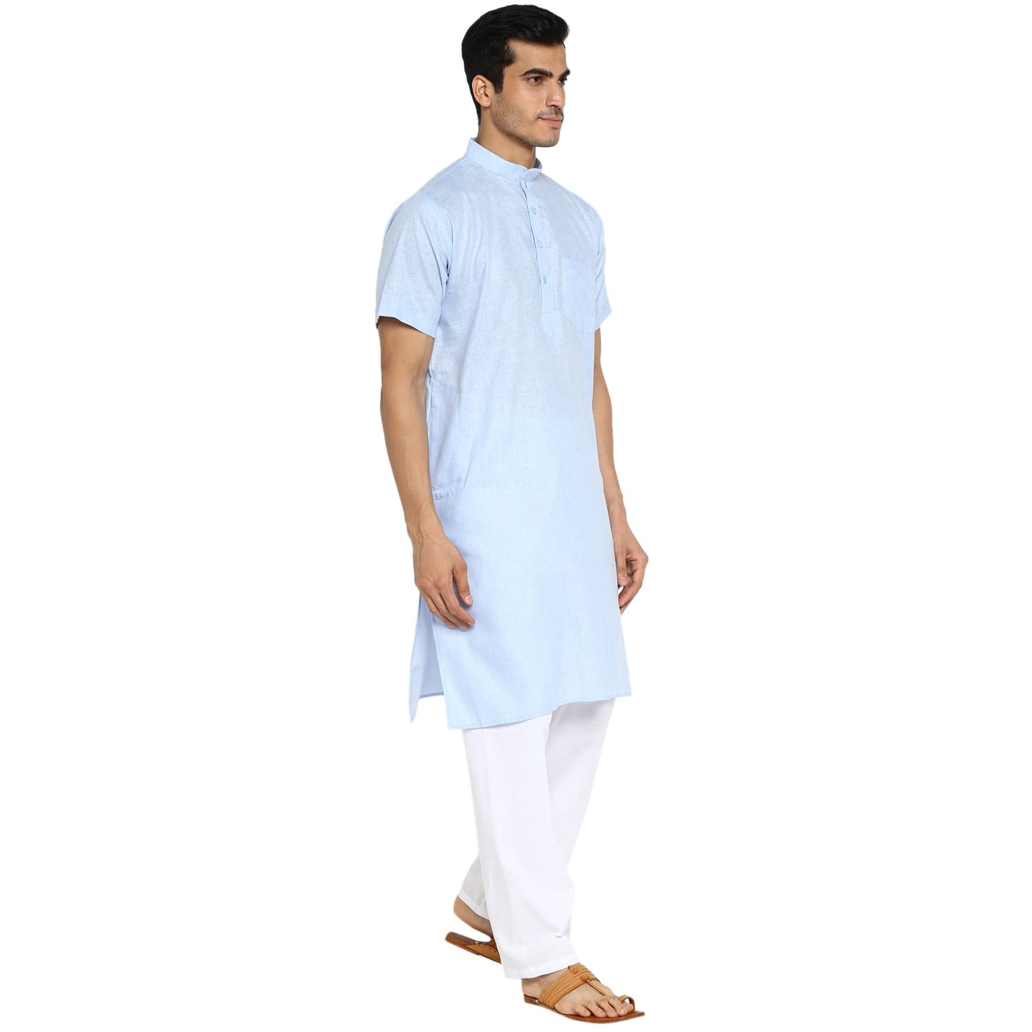 Royal Kurta Mens Cotton Linen Half Sleeved Long Ethnic Kurta (42, Blue)