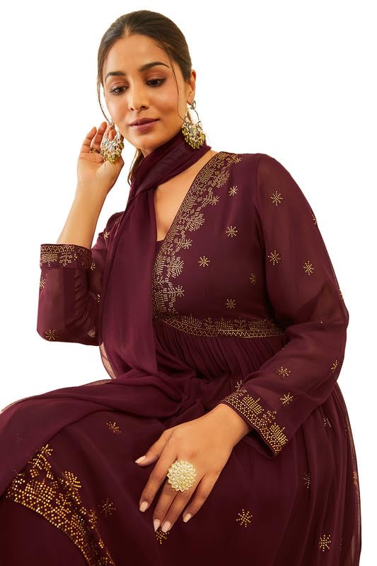 Soch Womens Maroon Embellished Georgette Alia Cut Suit Set