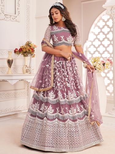 Zeel Clothing Women Embroidered Soft Net Semi-Stitched Lehenga Choli With Dupatta (2111-Mauve-Wedding-Stylish-Latest; Free Size)