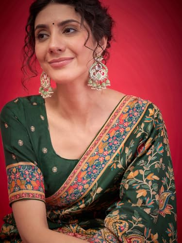 AKHILAM Women's Green Viscose Silk Ethnic Motif Printed Saree With Unstitched Blouse Piece (MSTANI59B_HS)