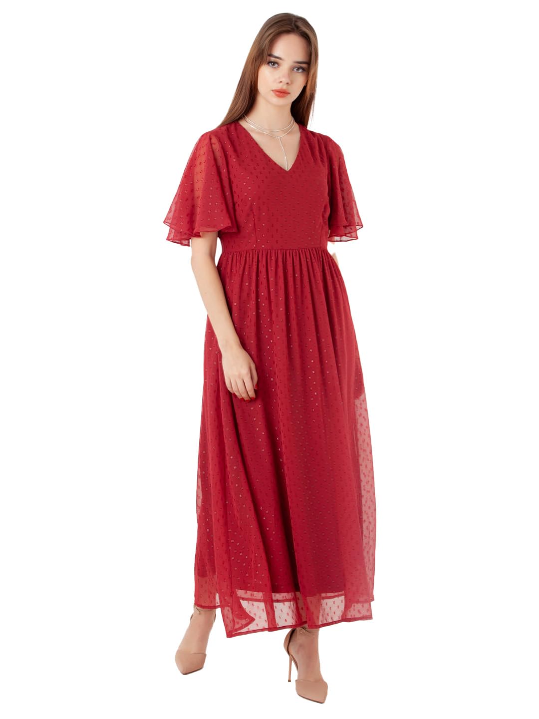 Zink London Women's Maroon Self Design Regular Maxi Dress