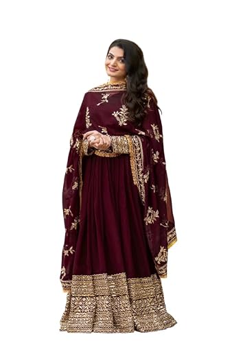 Brulry Women's Maroon Color Georgette V-Neck Ankel Length Anarkali Kurta Pant With Dupatta