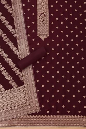 Soch Womens Wine Russian Silk Zari Woven Unstitch Dress Material With Zari Woven