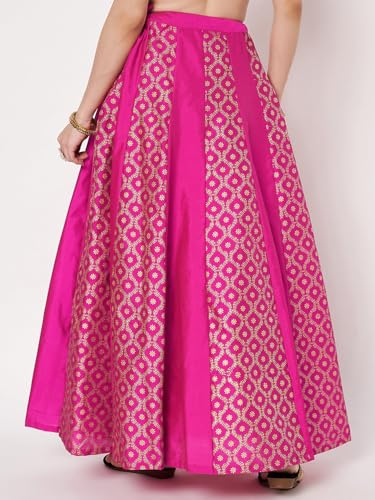 studio rasa Women's Silk Blend Block Printed Kalidaar Skirt for Wedding Festive Party(SKTC62510XL_Pink_X-Large)