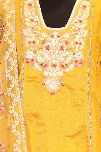 W for Woman Yellow Floral Embroidered Straight Kurta with Pant and Dupatta Set - (WS13092-224075-M)