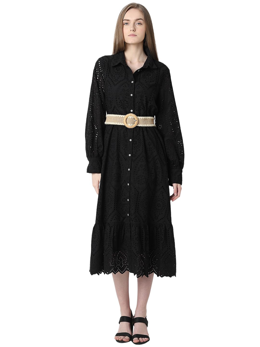 Vero Moda Women's Cotton Shirt Midi Dress (9007018- Black