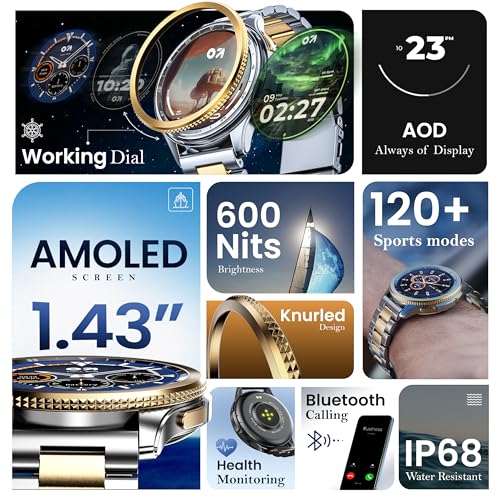 GOBOULT Pyro Smartwatch 1.43'' AMOLED Screen, BT Calling 5.3, 600 Nits Brightness, IP68, 150+ Watchfaces, 120+ Sports Modes, AI Voice Assistant, SpO2 Monitoring (Gold Silver)