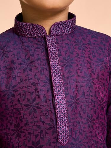 Manyavar Boys Viscose Blend Neck Embroidered Kurta Pyjama Set (Purple,5-6Y)