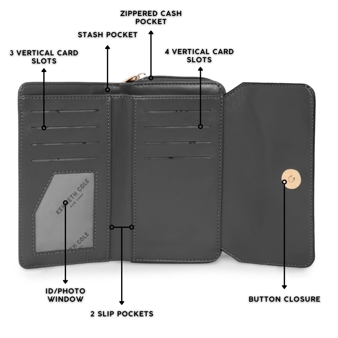 KENNETH COLE Ladies Front Flap Wallet | Women's Tri-fold Clutch Organizer with a Wide 3-Quarter Opening Zip-Around Compartment | Premium PU Leather | Sturdy, Stylish & Secure, GUN METAL