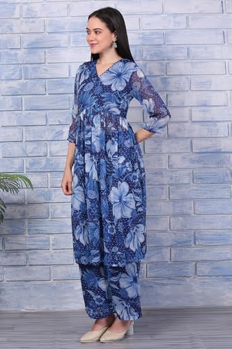 W for Woman Blue Floral Printed Lace Chiffon Straight Kurta, Parallel Pants and Dupatta Set (Size: 3XL)-WS13055-126479