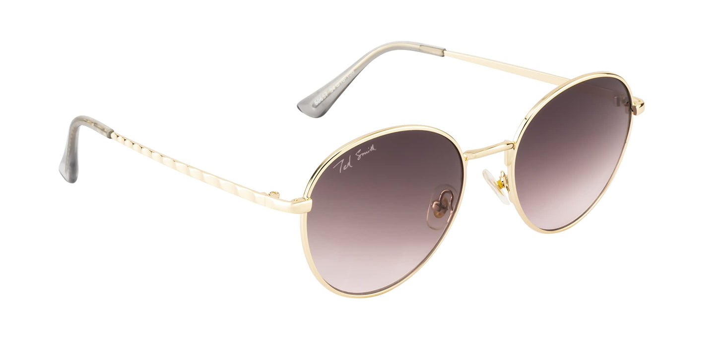 Ted Smith Men's Women's UV Protection Brown Pink Graded Lens Gold Round Sunglasses