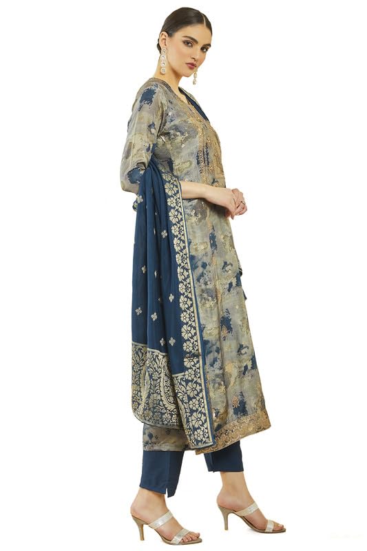 Soch Womens Navy Blue Brocade Abstract Print Suit Set with Zari Woven Dupatta