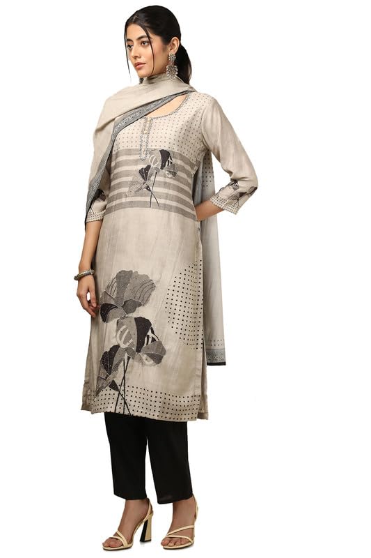Soch Womens Beige Muslin Floral Print Suit Set with Cutdana