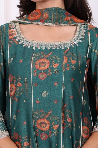W for Woman Green Floral Printed Sequined Anarkali Kurta, Straight Pants and Dupatta Set - (WS13272-126611-S)