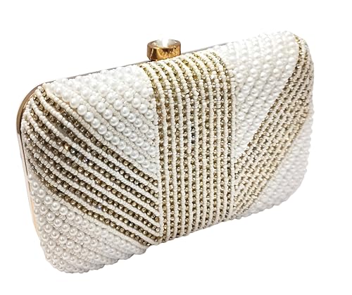 Amerie Fashions Women & Girls Embroidered White Pearl Nag Chain Beaded Clutch Purse for Party Wedding