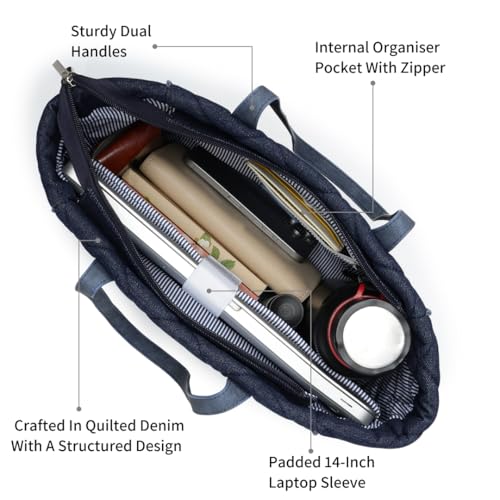 Fastrack Classic Denim Tote Bag | Quilted Design | 14-Inch Laptop Compatible With Padded Sleeve | Sturdy Dual Handles | Zipper Closure & Organizer Pocket | Natural Indigo Denim | 6-Month Warranty