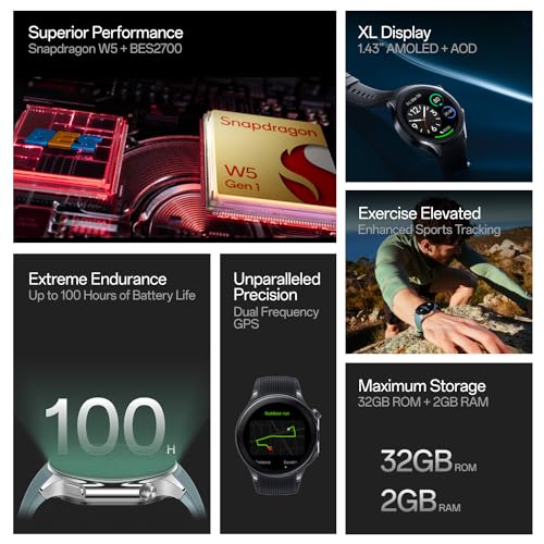 OnePlus Watch 2 with Wear OS 4,Snapdragon W5 Chipset,Upto 100hrs battery life,1.43’’ AMOLED Display,Stainless Steel & Sapphire Crystal build,Dual Frequency GPS,5 ATM, IP68 & BT Calling (Radiant Steel)