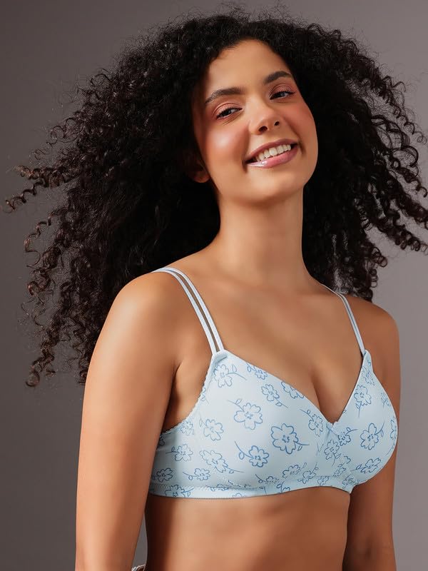 Clovia Women's Printed Non-Wire Padded Full Coverage T-Shirt Bra (BR1067F03_32D_Blue)