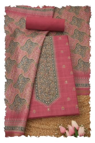 Soch Womens Blush Pink Art Tussar Floral Print Unstitched Dress Material With Sequins