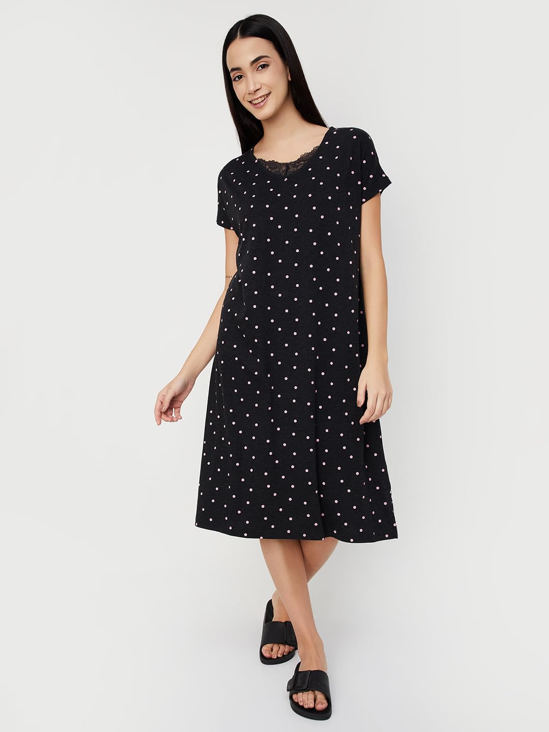 Max Women Cotton Blend Floor Length Classic Nightgown (PA24KG03_Anthra Marl_XXL 2XL),Black