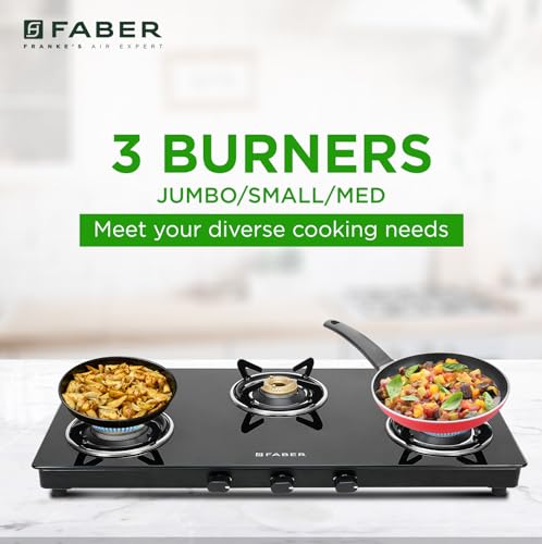 Faber 3 Burner 77cm Cooktop | Black Glass Top | 3 Brass Burners (1 Jumbo + 1 Medium + 1 Small) | SS Drip Tray | Powder Coated Pan Support | COOKTOP Spark 3BB