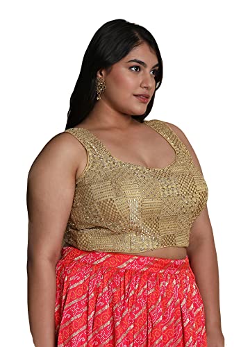S SALWAR STUDIO Women's Gold Silk Blend Readymade Saree Blouse-PLSSB00046-GOLD