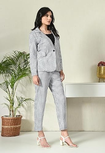 OFFICE PURPLE Women Printed Blazer Pant Set- Women's Casual Office Business 3-Piece Printed Suit, Single-Breastered Blazer Camisole and Pant Set (Black and White, M)