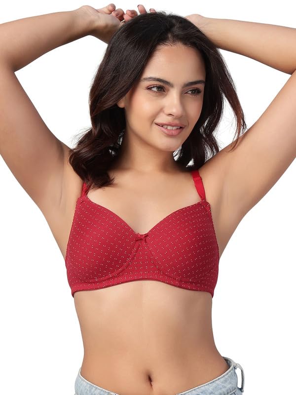 Clovia Women's Cotton Printed Padded Full Cup Wire Free T-Shirt Bra (BR1283P04_Red_34C)