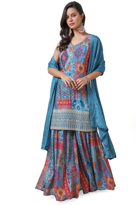 Soch Womens Powder Blue Ethnic Motifs Print Chinon Suit Set