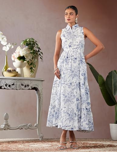 Biba Women's Off-White-Blue Cotton Tiered Printed Dress_36