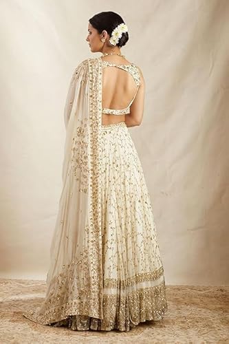 JIHU CULTURE White Georgette Embroidery Work Dupatta For Women (White)