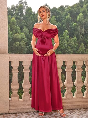 Marivoné® Off Shoulder Maternity Maxi Dress | V Neck Flowy Pregnancy Gown for Photoshoot | Baby Shower Dress | L | Red