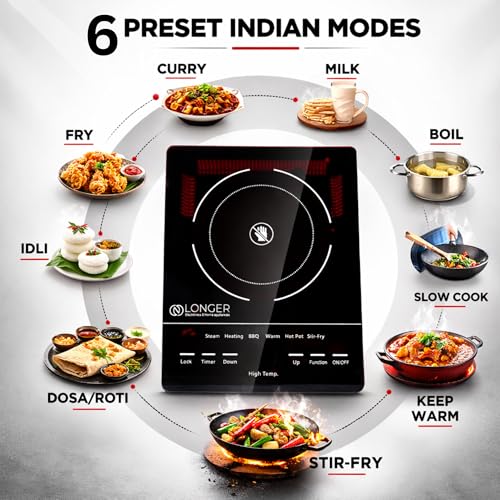 LONGER Infrared Cooktop Electric 2000W, 240V, LED Displa, Full Touch Control Induction-Style Cooktop, Ceramic Glass Surface, 6 Cooking Modes, Portable & Scratch Resistant